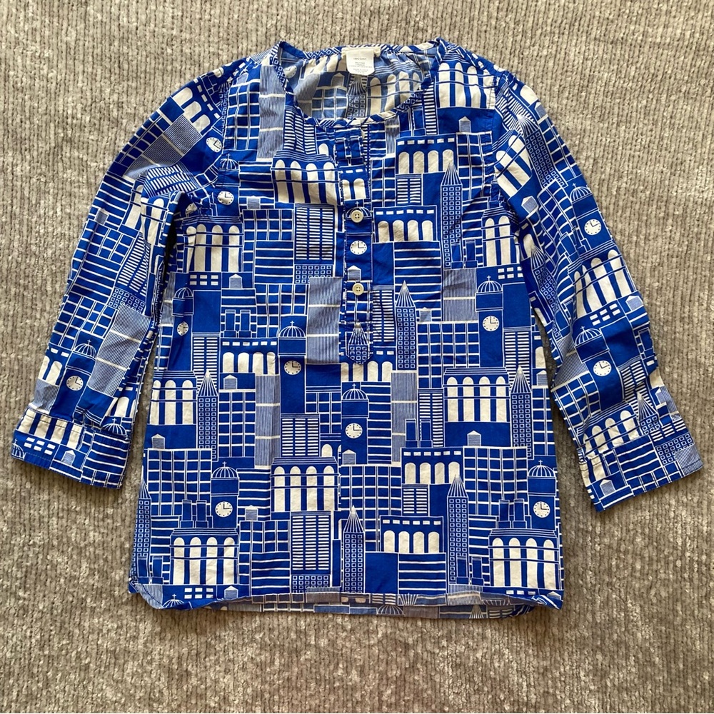 J. Crew Crewcuts Cityscape Button Top Sz 7 Blue Graphic Print Cotton Shirt Tunic
